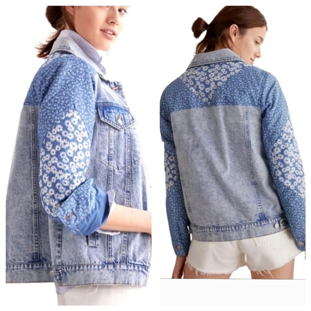Anthropologie Avec Les Filles Patchwork Denim Jacket Sz L Blue Floral Cottagecor